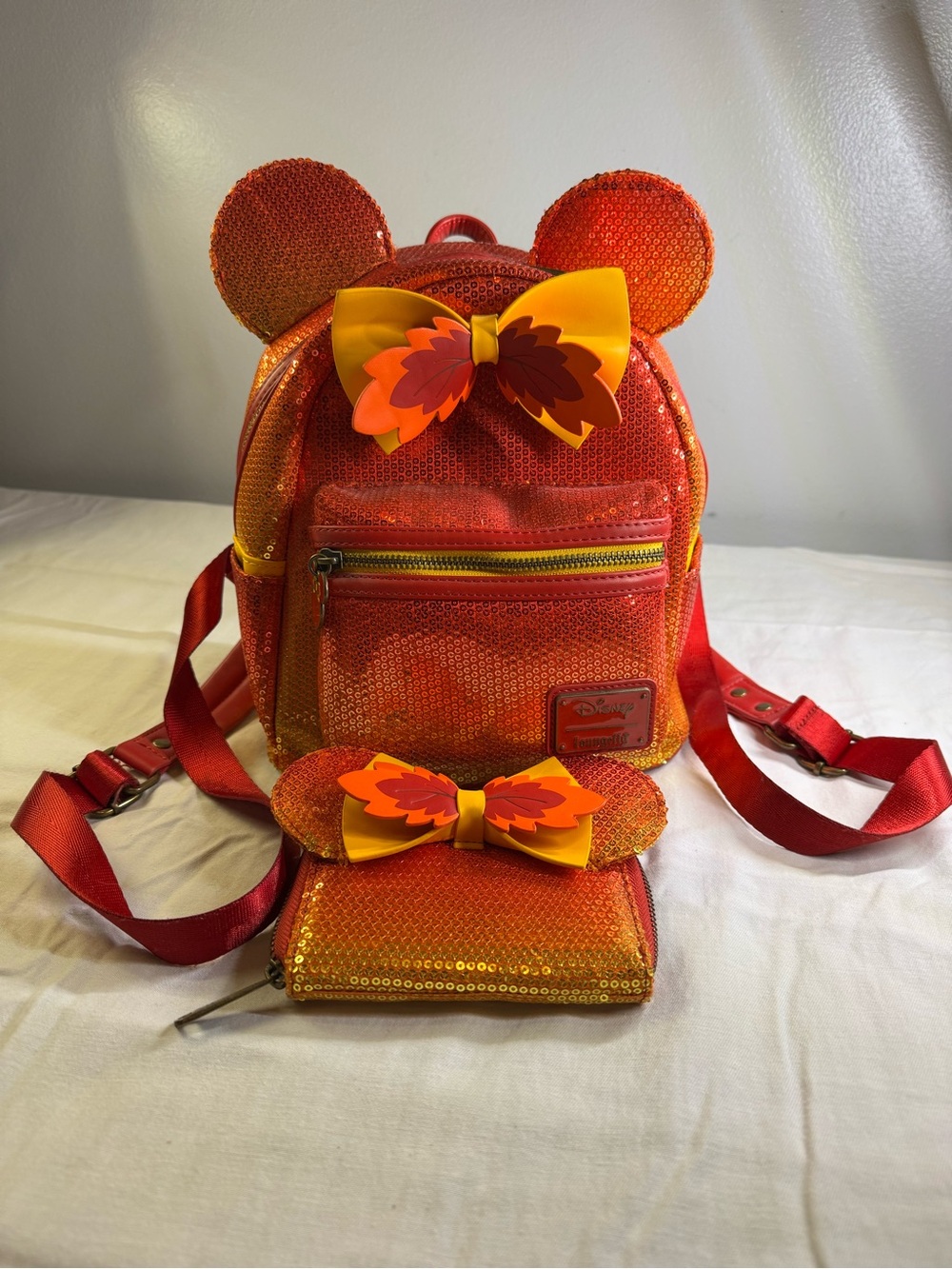 Loungefly Disney Fall Orange Sequin Mini Backpack with Yellow Bow Accent